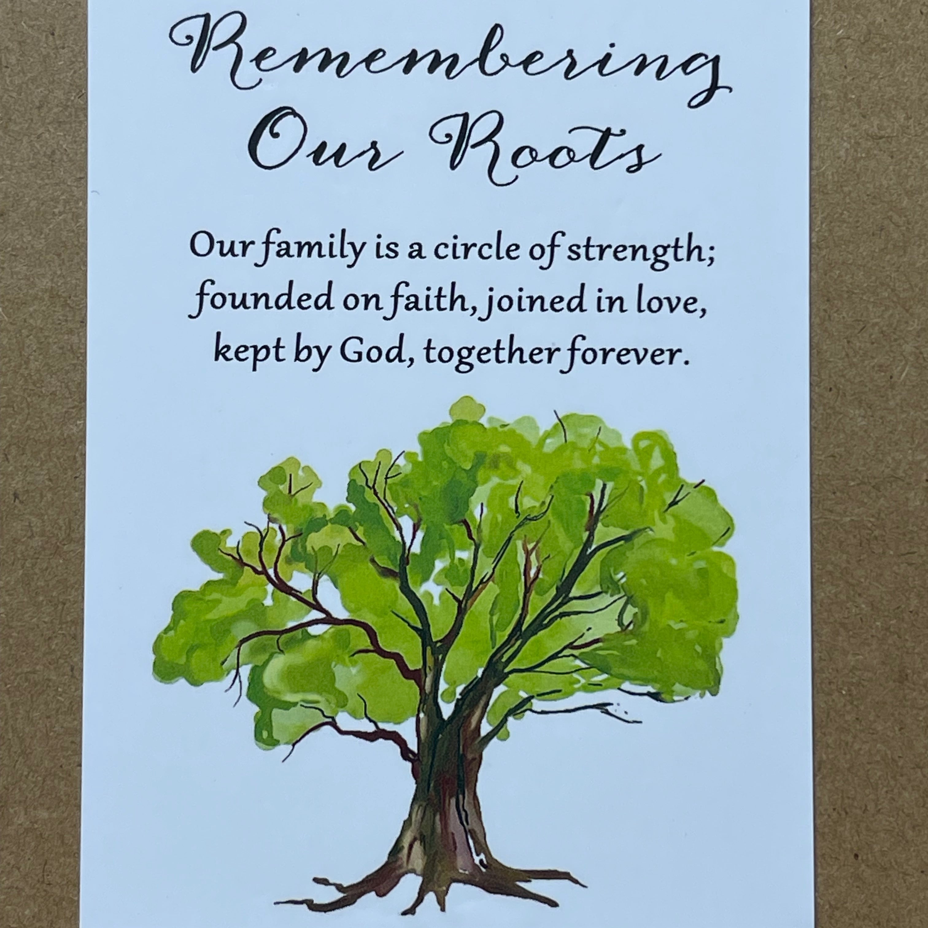 Card with a green tree illustration and text on a light blue background