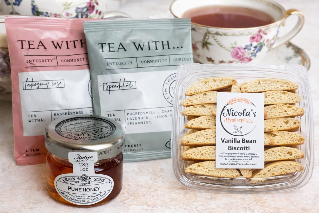 Tea with cookies and honey on a table