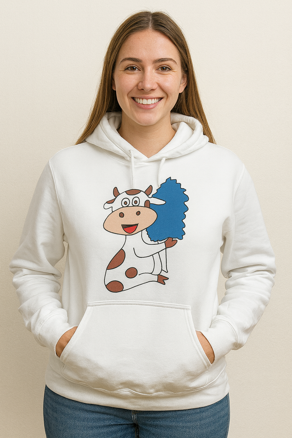 Woman wearing a white hoodie with a original artwork design 