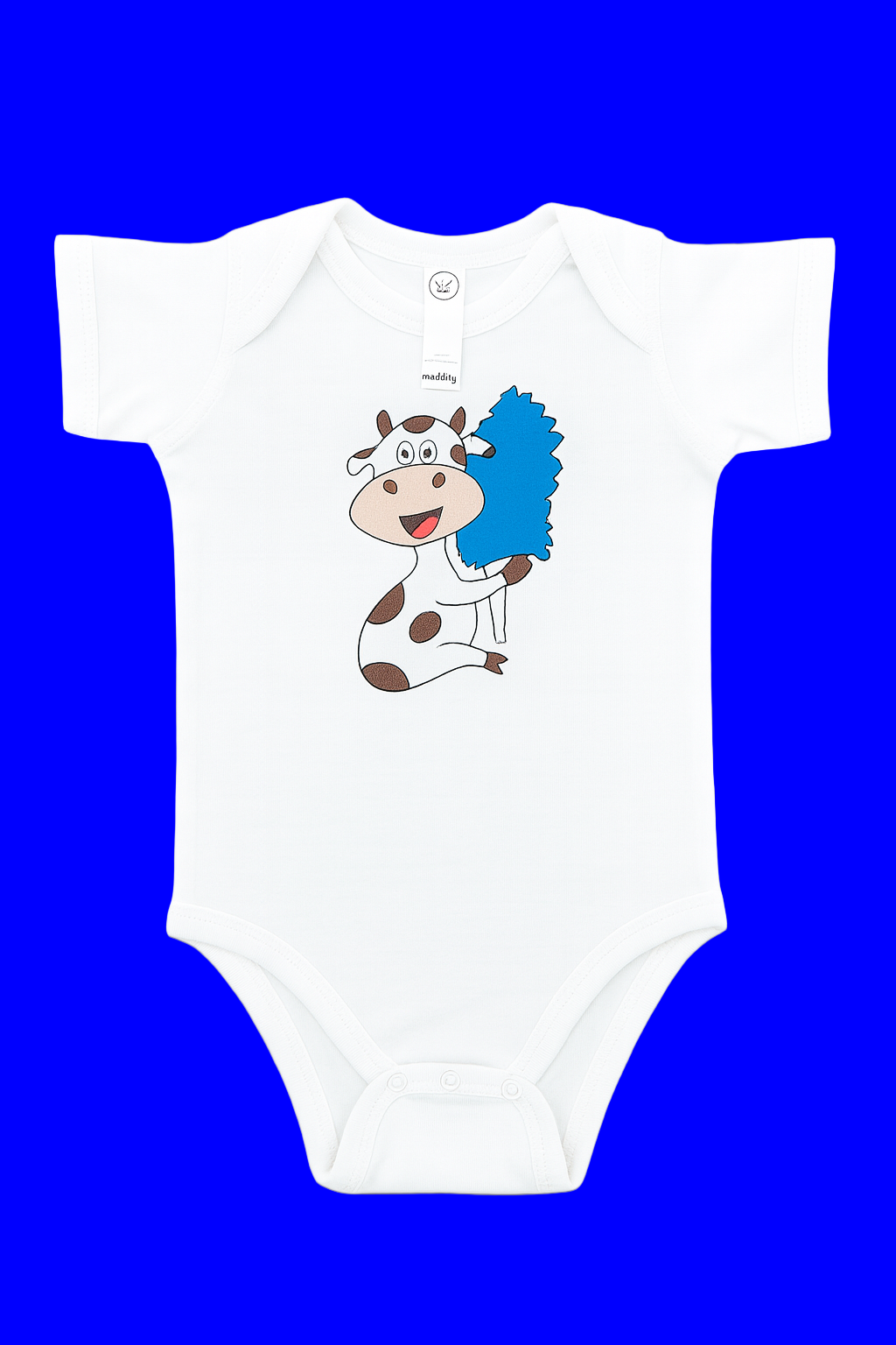 White baby onesie with original artwork  cow design