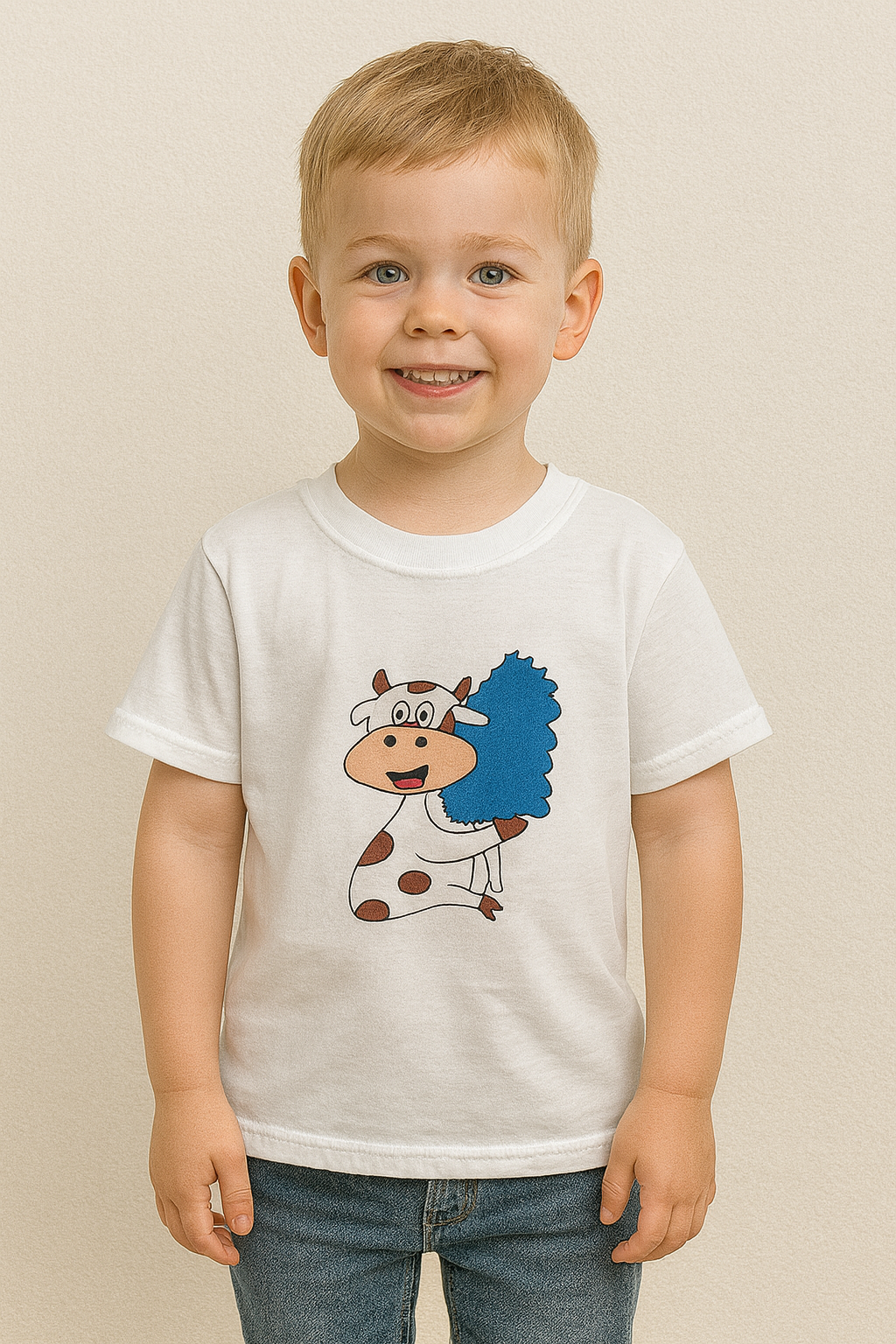 Child wearing a white t-shirt with a original artwork design