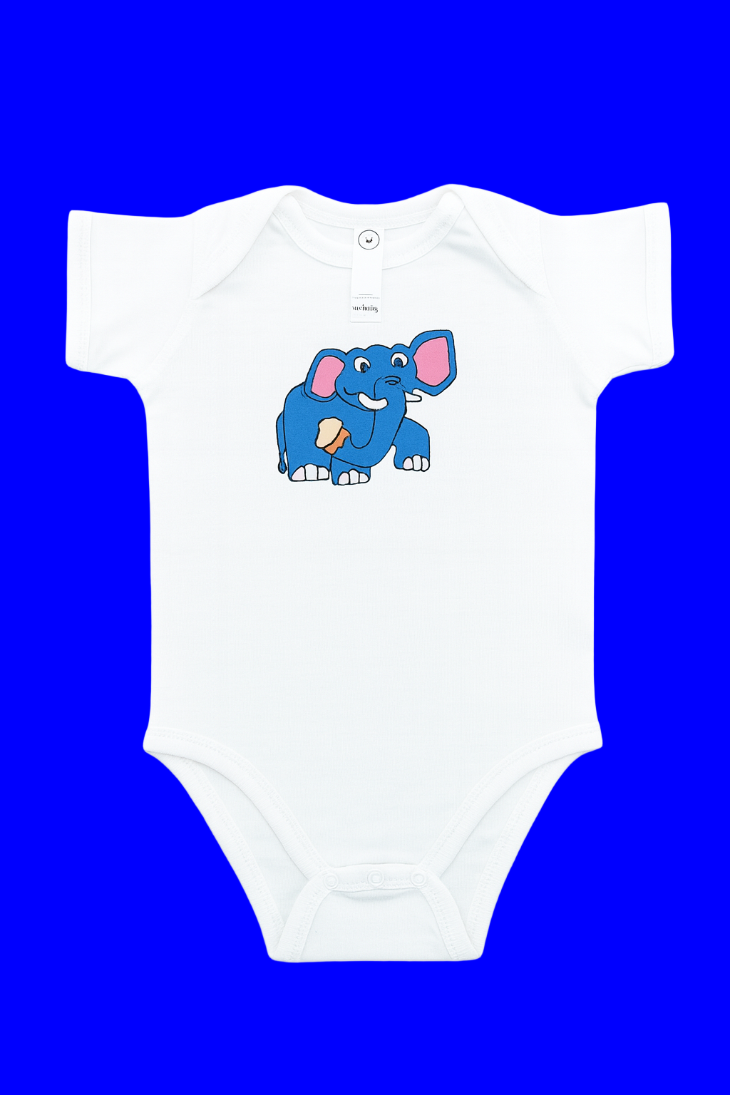 White baby onesie with a blue elephant design