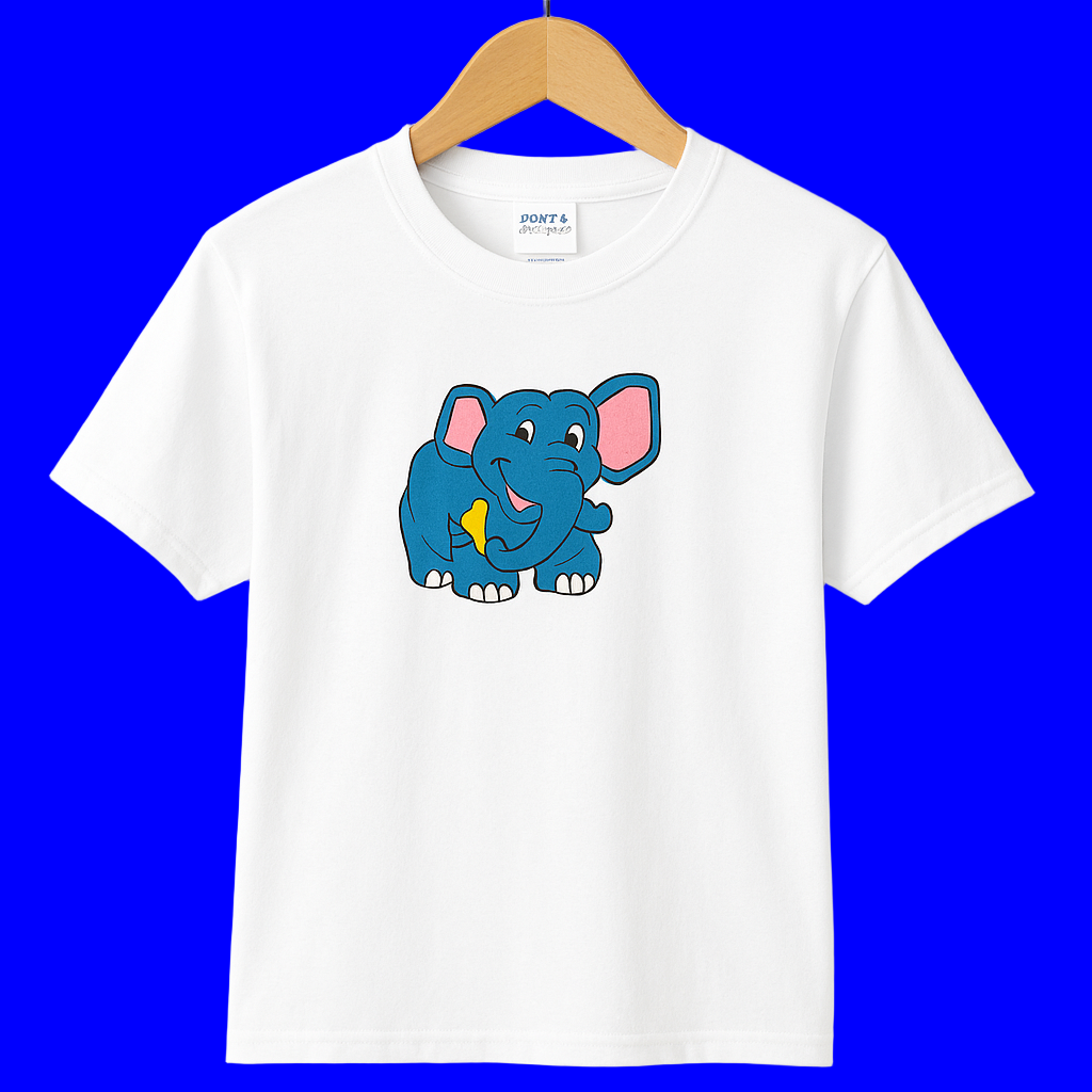 White t-shirt with a blue elephant graphic 