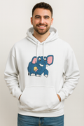 Man wearing a white hoodie with a original artwork elephant design