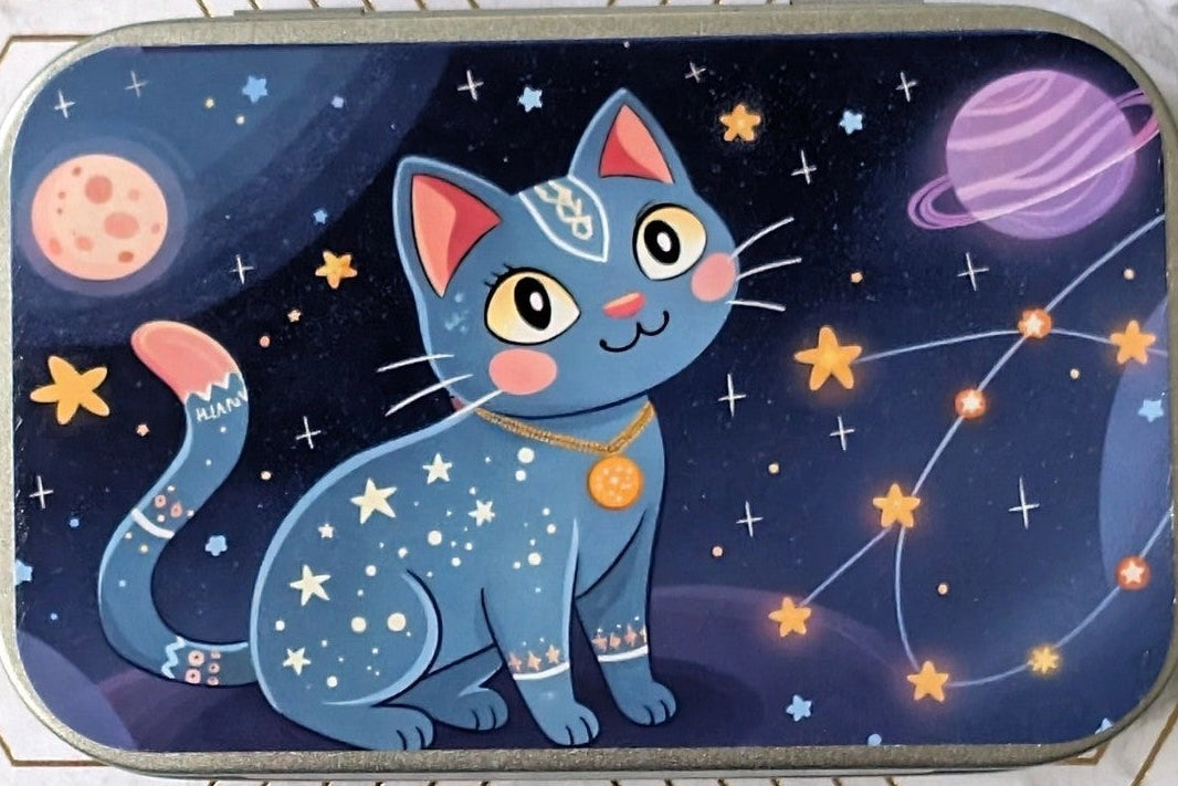 A rectangular tin with rounded corners featuring a colorful illustration of a blue cat surrounded by stars, planets, and constellations on a dark space background.